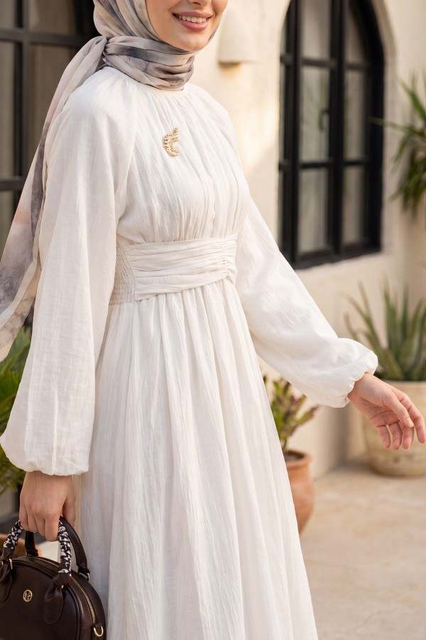 Belted, Elasticated Cuff, Brooch-Detailed, Lined, Linen-Look Dress -Ecru