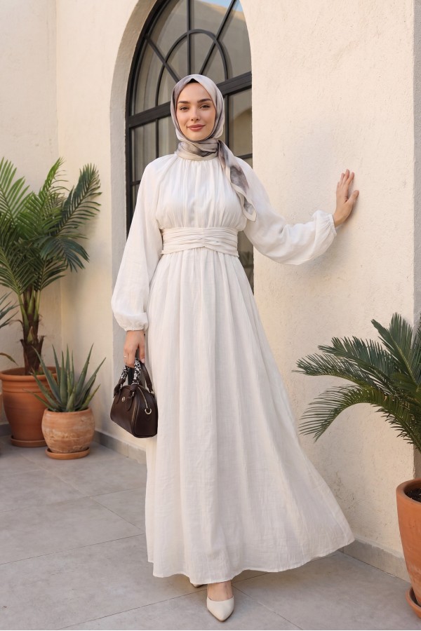 Belted, Elasticated Cuff, Brooch-Detailed, Lined, Linen-Look Dress -Ecru