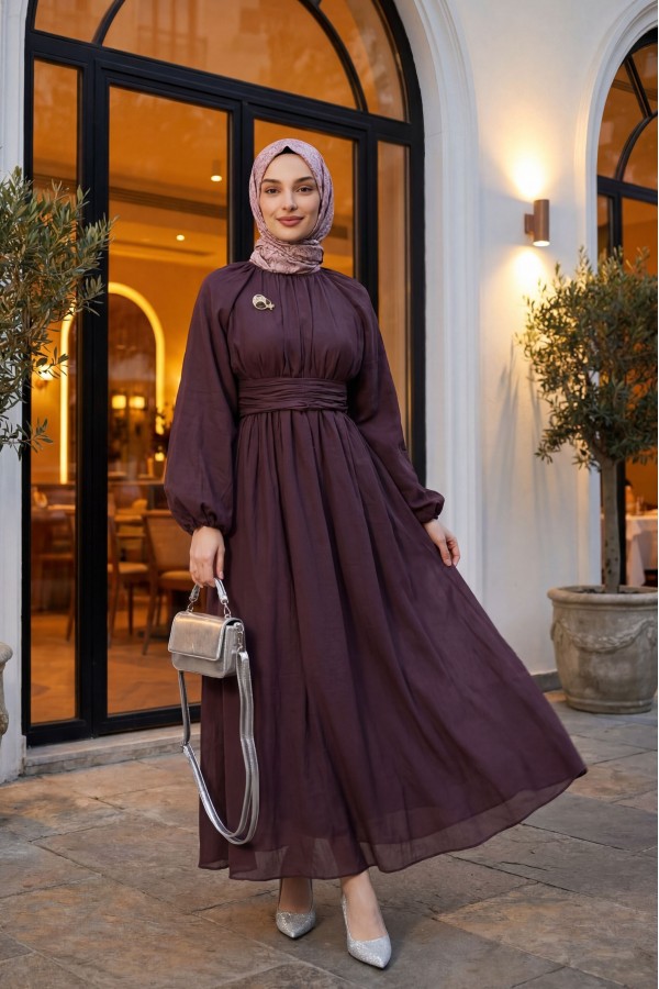 Belted, Elasticated Cuff, Brooch-Detailed, Lined, Linen-Look Dress -Damson