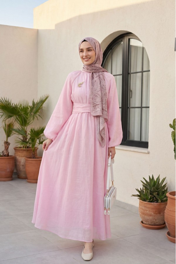 Belted, Elasticated Cuff, Brooch-Detailed, Lined, Linen-Look Dress -Powder