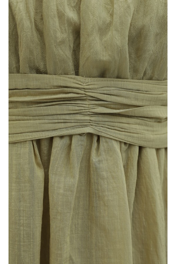 Belted, Elasticated Cuff, Brooch-Detailed, Lined, Linen-Look Dress -Mink color