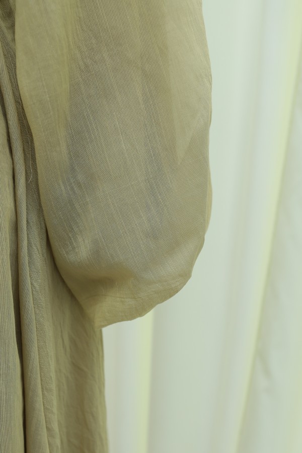 Belted, Elasticated Cuff, Brooch-Detailed, Lined, Linen-Look Dress -Mink color