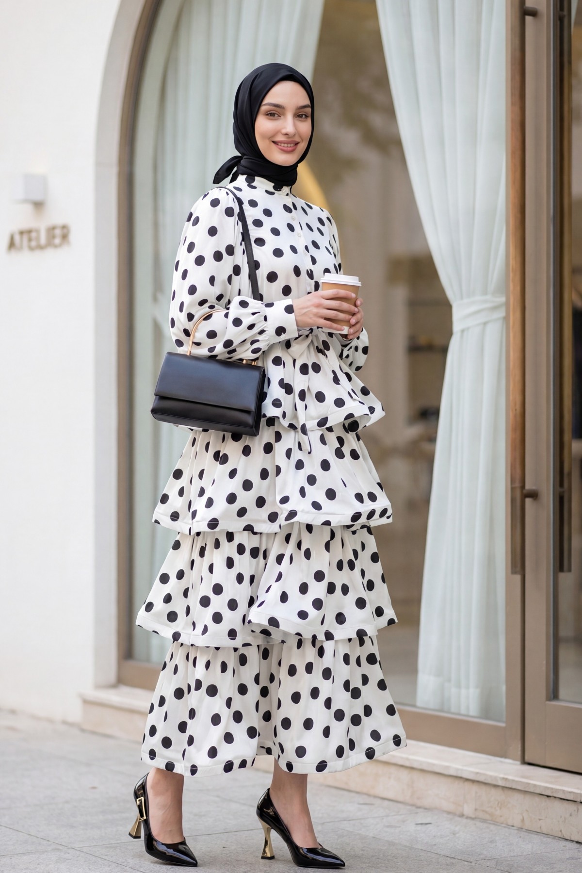 Polka Dot Layered Buttoned Belted Batwing Sleeve Satin Dress -White detay görseli