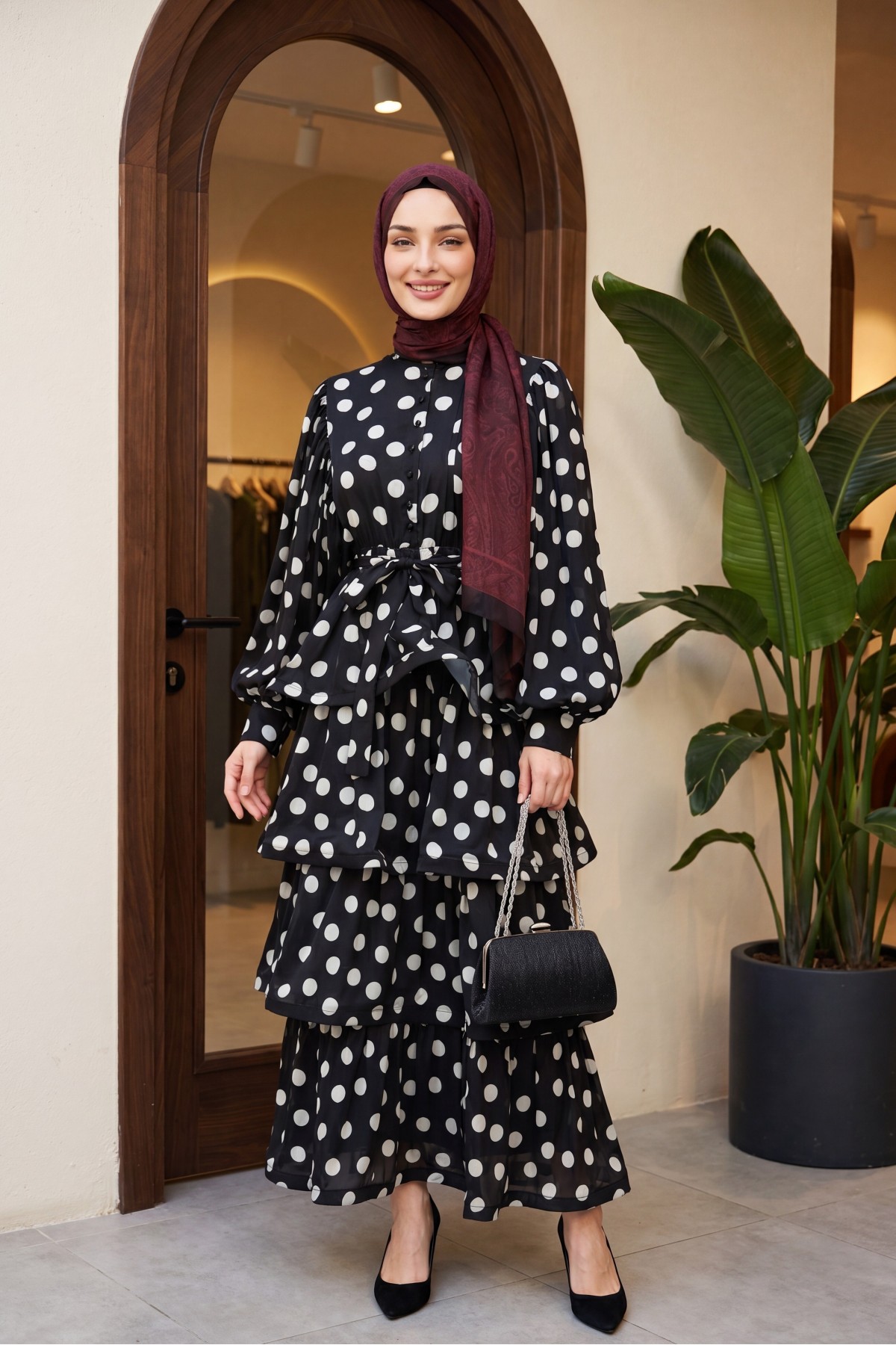 Polka Dot Layered Buttoned Belted Batwing Sleeve Satin Dress -Black