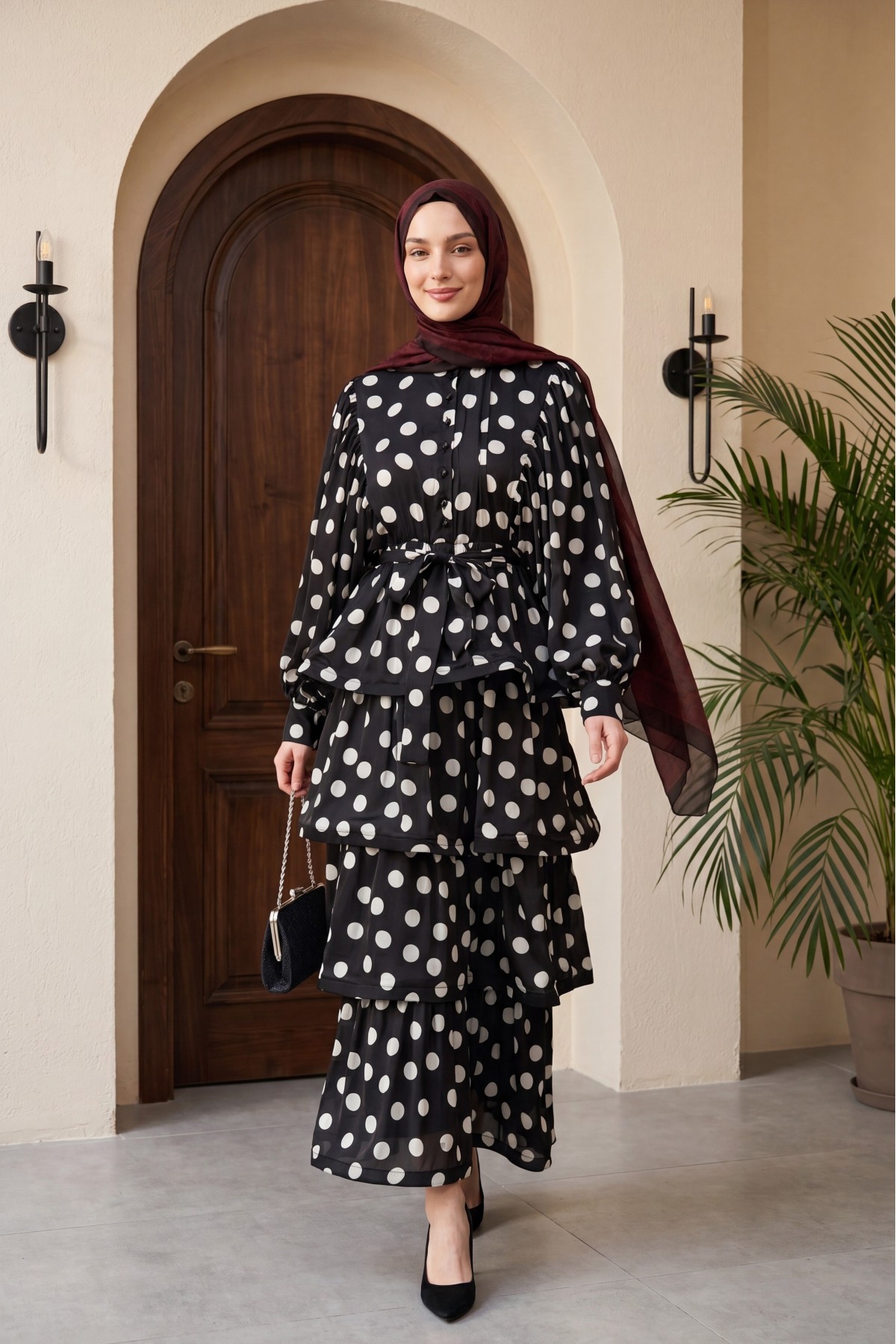 Polka Dot Layered Buttoned Belted Batwing Sleeve Satin Dress -Black