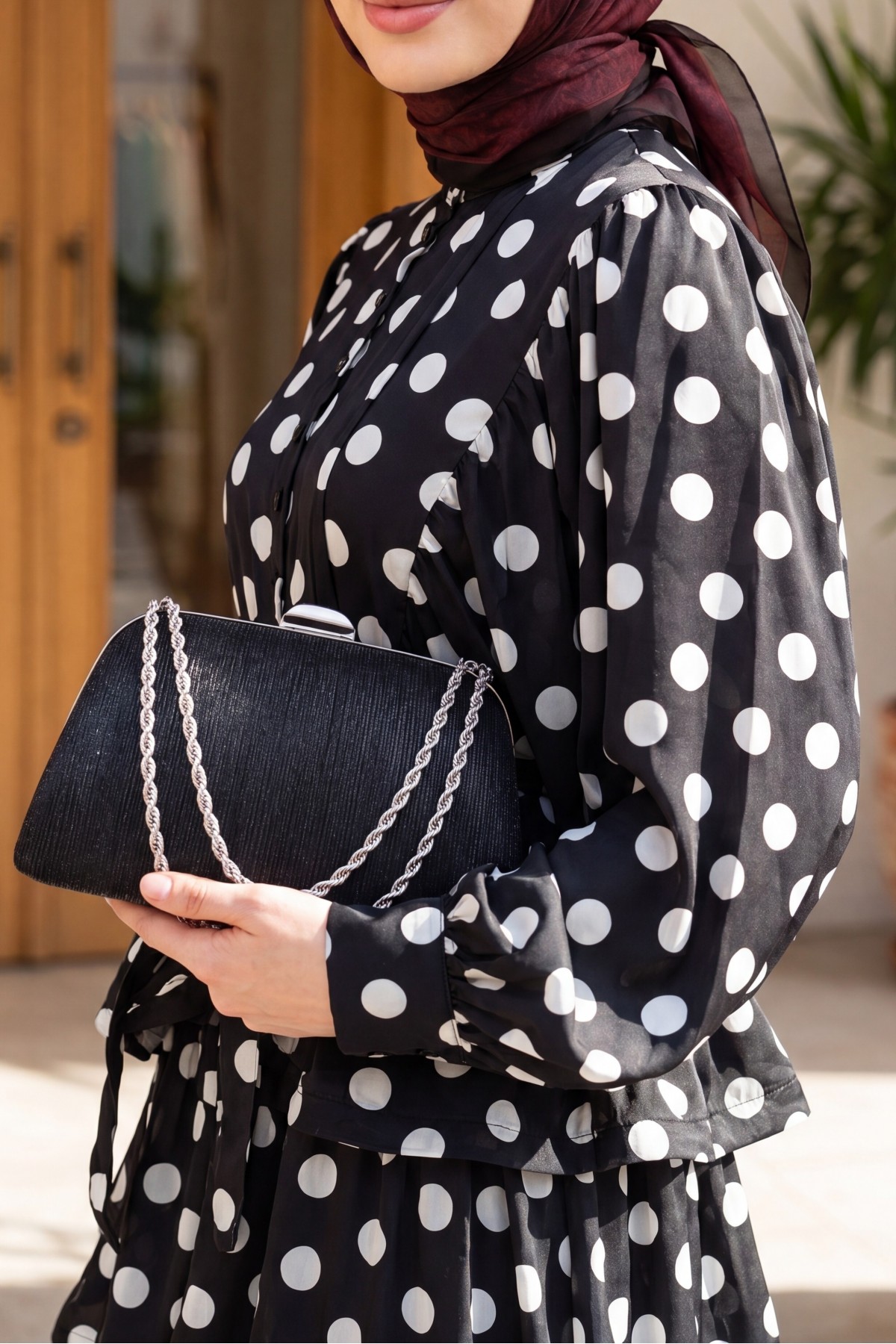 Polka Dot Layered Buttoned Belted Batwing Sleeve Satin Dress -Black