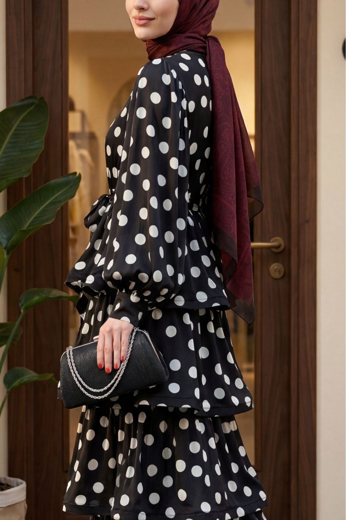 Polka Dot Layered Buttoned Belted Batwing Sleeve Satin Dress -Black