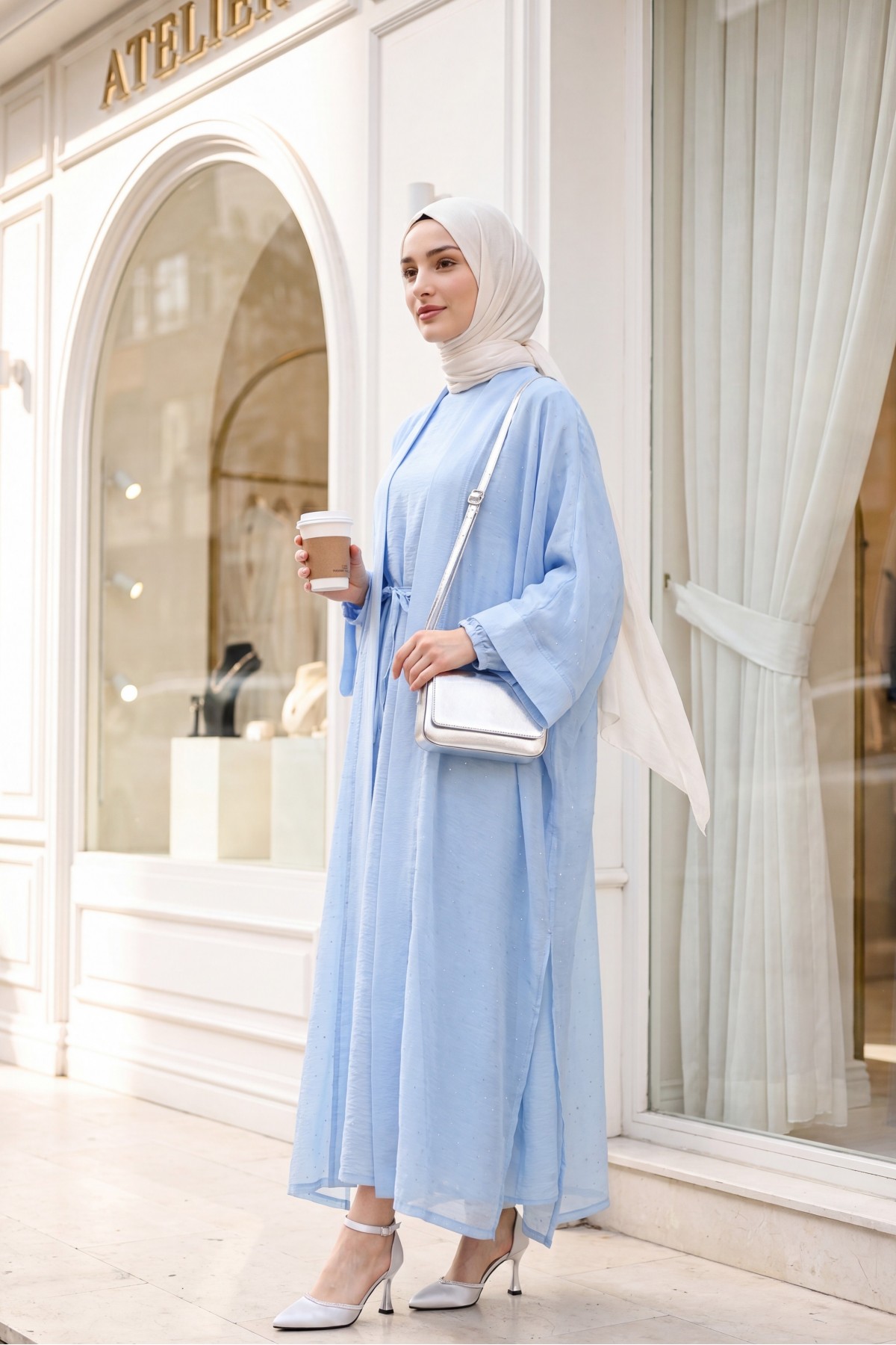 Kemerli İçlikli Taş Detaylı Astarlı Flam Tül Abaya Takım -Bebe Mavi