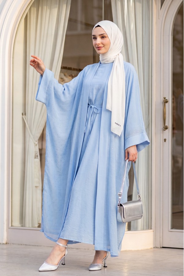 Belted, Inner Layered, Stone-Detailed, Lined Flame Tulle Abaya Set -Baby Blue