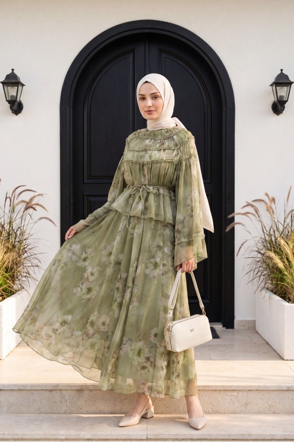 Wide-Sleeved, Over-Sleeved, Patterned, Lined Chiffon Set with Gipel Skirt -Khaki