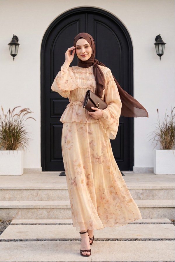 Wide-Sleeved, Over-Sleeved, Patterned, Lined Chiffon Set with Gipel Skirt -Salmon