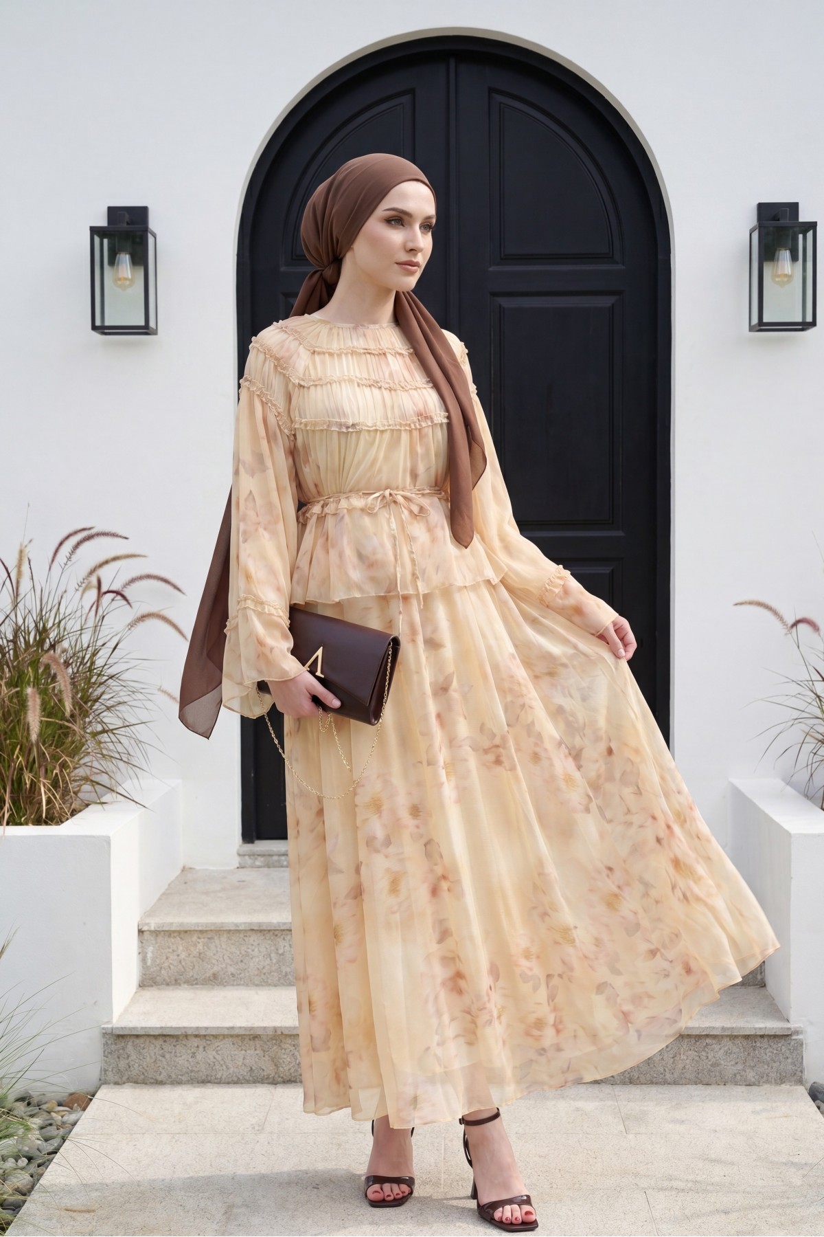 Wide-Sleeved, Over-Sleeved, Patterned, Lined Chiffon Set with Gipel Skirt -Salmon detay görseli