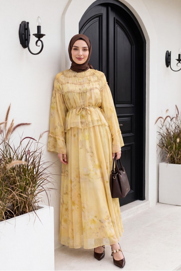 Wide-Sleeved, Over-Sleeved, Patterned, Lined Chiffon Set with Gipel Skirt -Oil Green