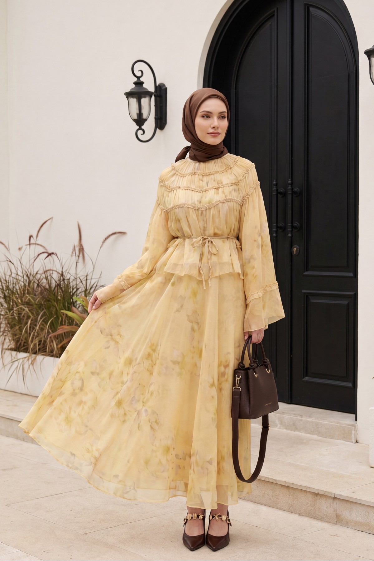 Wide-Sleeved, Over-Sleeved, Patterned, Lined Chiffon Set with Gipel Skirt -Oil Green