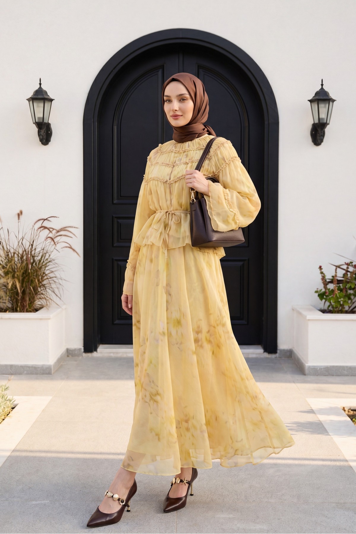 Wide-Sleeved, Over-Sleeved, Patterned, Lined Chiffon Set with Gipel Skirt -Oil Green