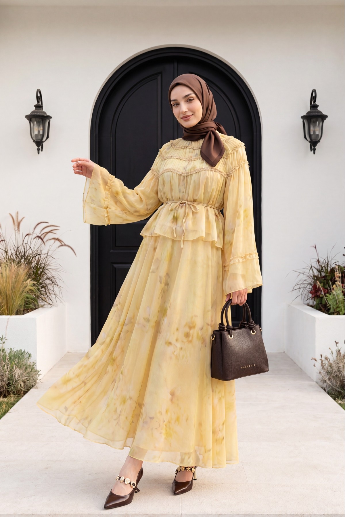 Wide-Sleeved, Over-Sleeved, Patterned, Lined Chiffon Set with Gipel Skirt -Oil Green