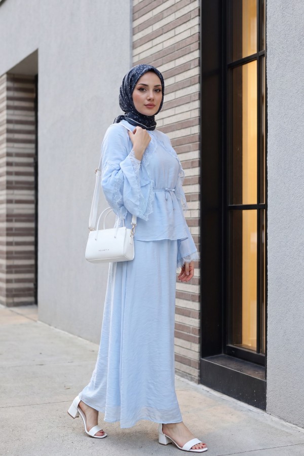 Lace-detailed, Spanish-style sleeve, lined, belted tulle voile skirt set -Baby Blue