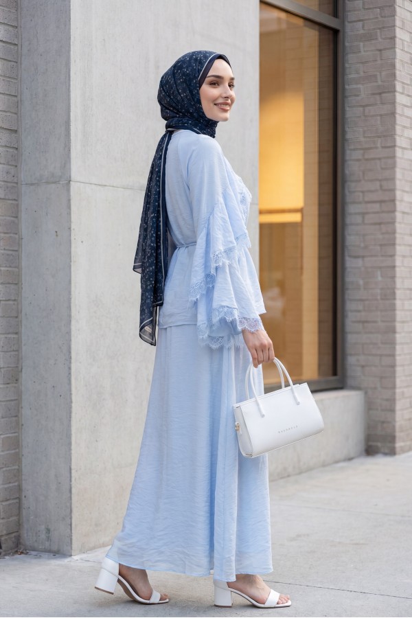 Lace-detailed, Spanish-style sleeve, lined, belted tulle voile skirt set -Baby Blue