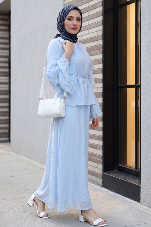 Lace-detailed, Spanish-style sleeve, lined, belted tulle voile skirt set -Baby Blue
