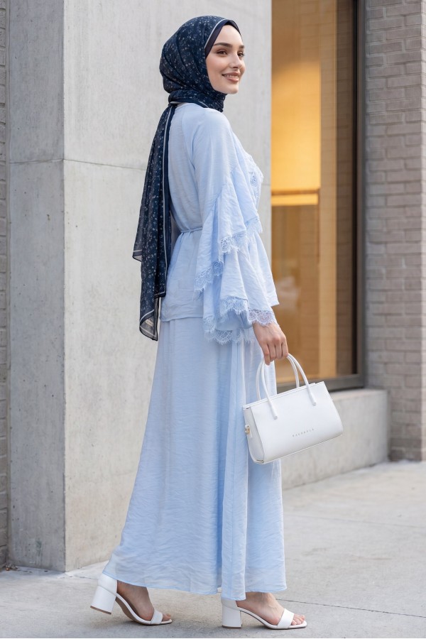 Lace-detailed, Spanish-style sleeve, lined, belted tulle voile skirt set -Baby Blue
