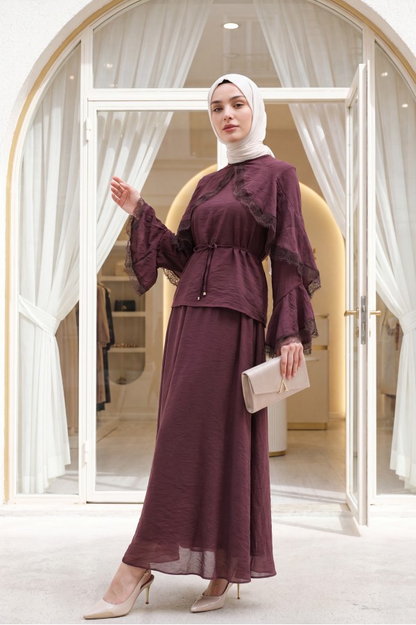 Lace-detailed, Spanish-style sleeve, lined, belted tulle voile skirt set -Dark Bordo