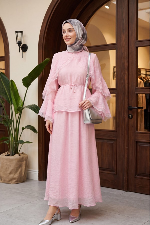 Lace-detailed, Spanish-style sleeve, lined, belted tulle voile skirt set -Pink