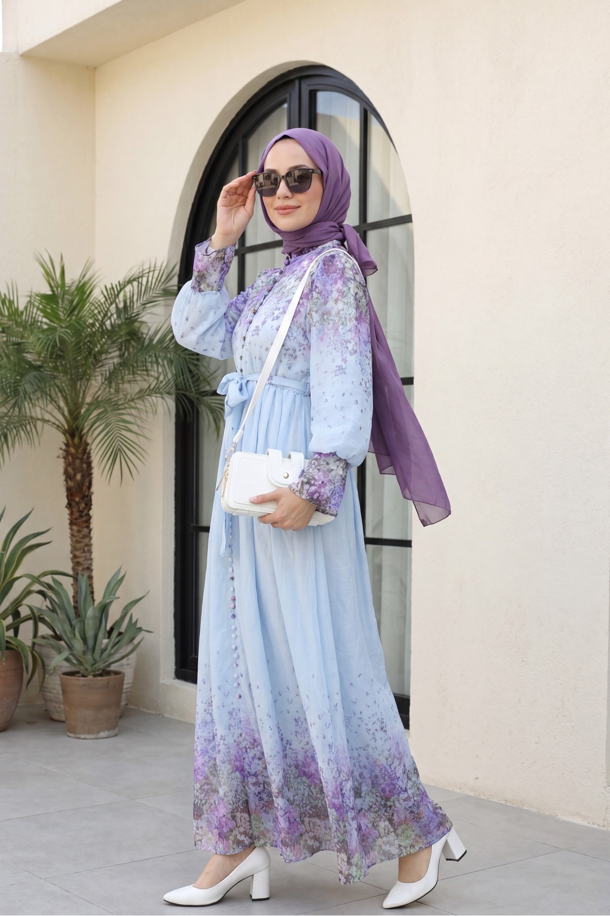 Button-Detailed, Patterned, Lined Polycotton Dress with Belt -Baby Blue