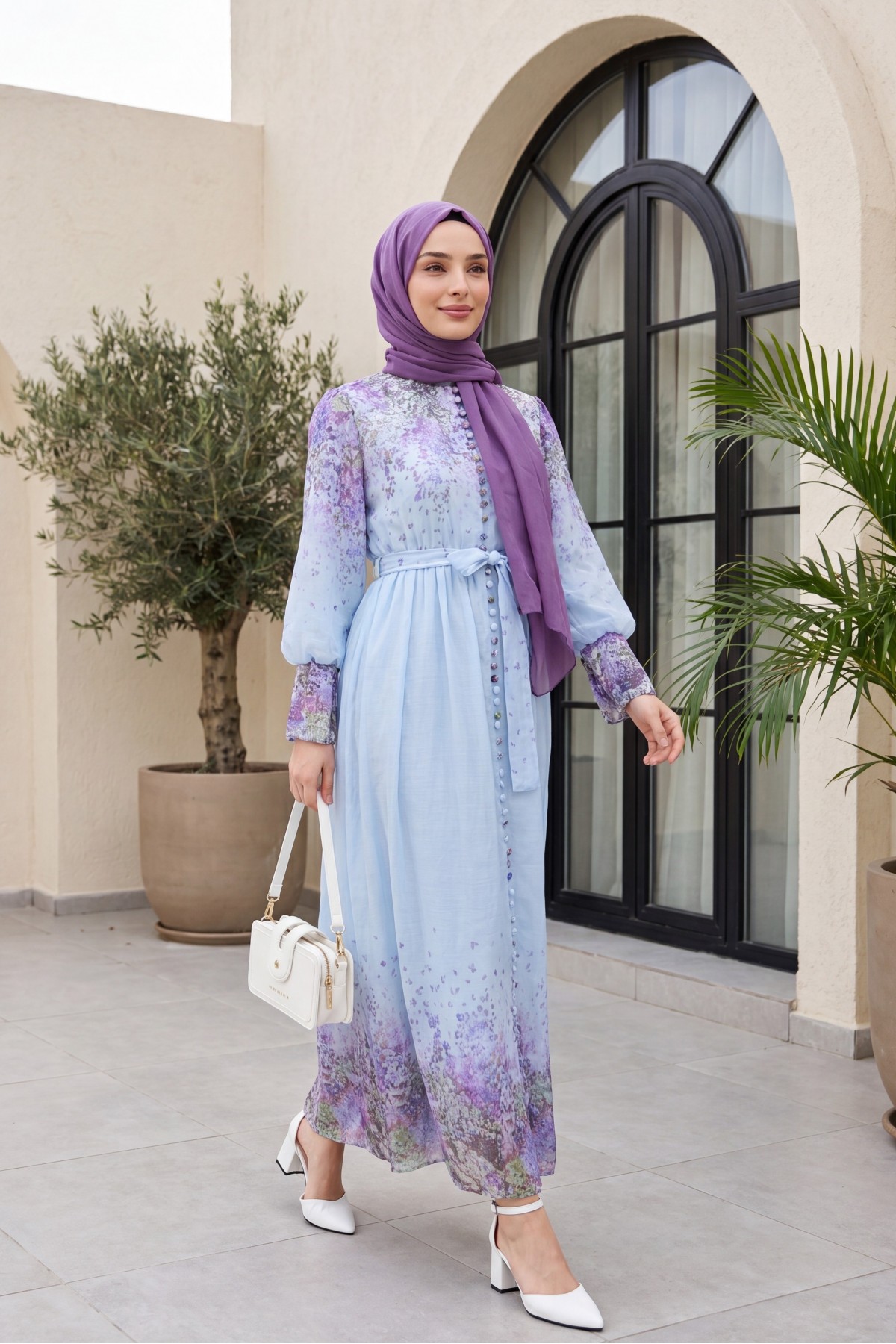 Button-Detailed, Patterned, Lined Polycotton Dress with Belt -Baby Blue