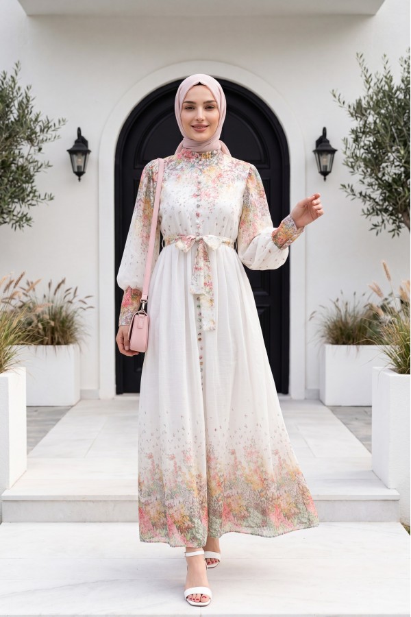 Button-Detailed, Patterned, Lined Polycotton Dress with Belt -Ecru