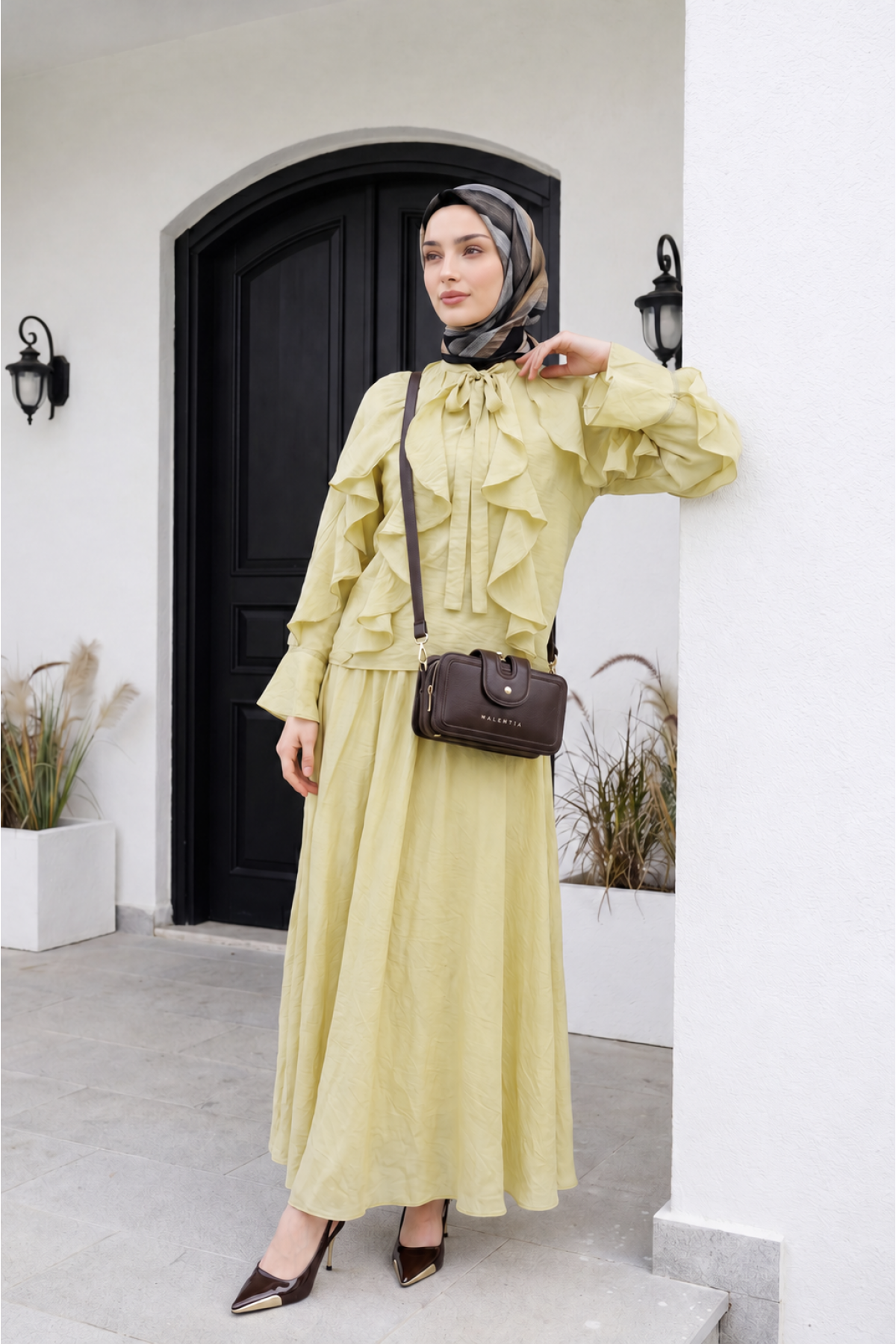 Lace-up Neckline, Ruffled Front, Lined Tulle Modal Set -Oil Green