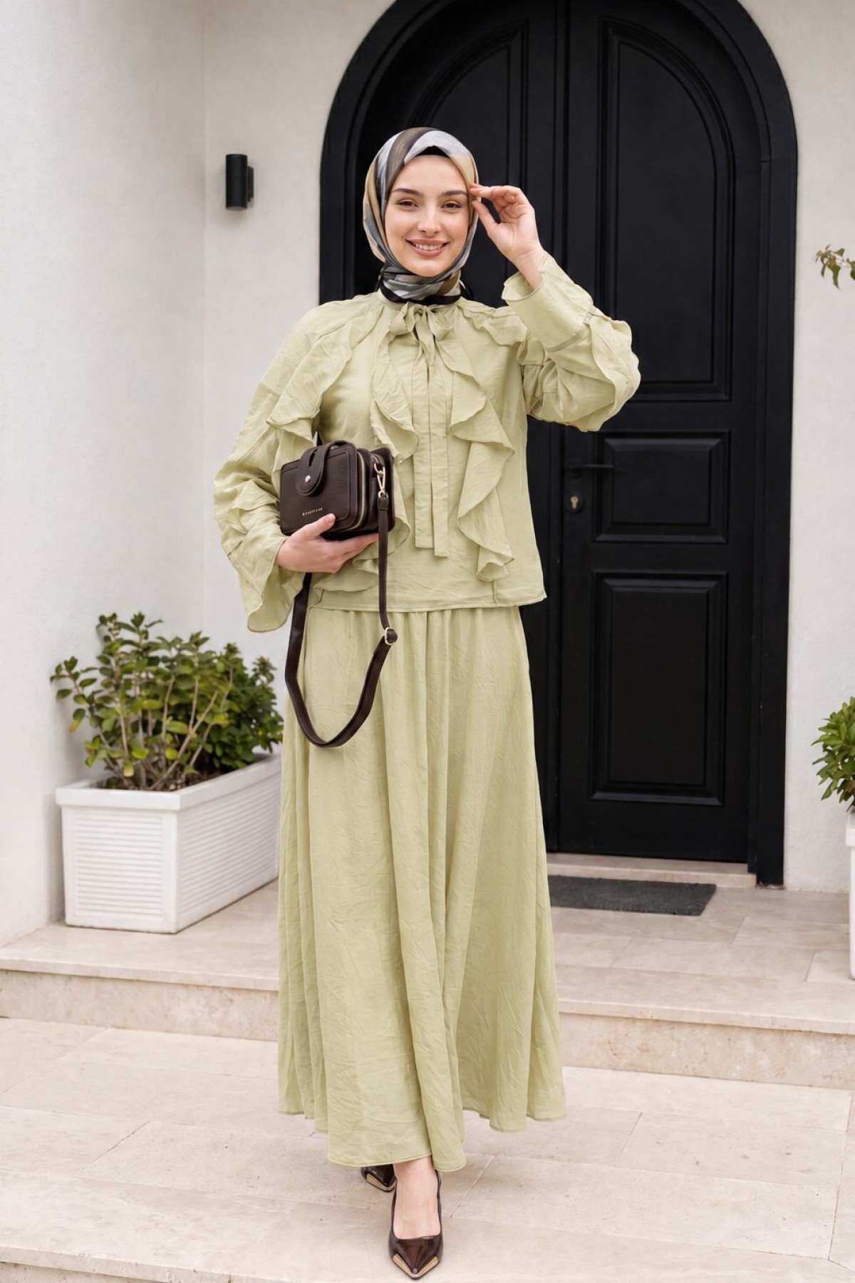 Lace-up Neckline, Ruffled Front, Lined Tulle Modal Set -Oil Green detay görseli