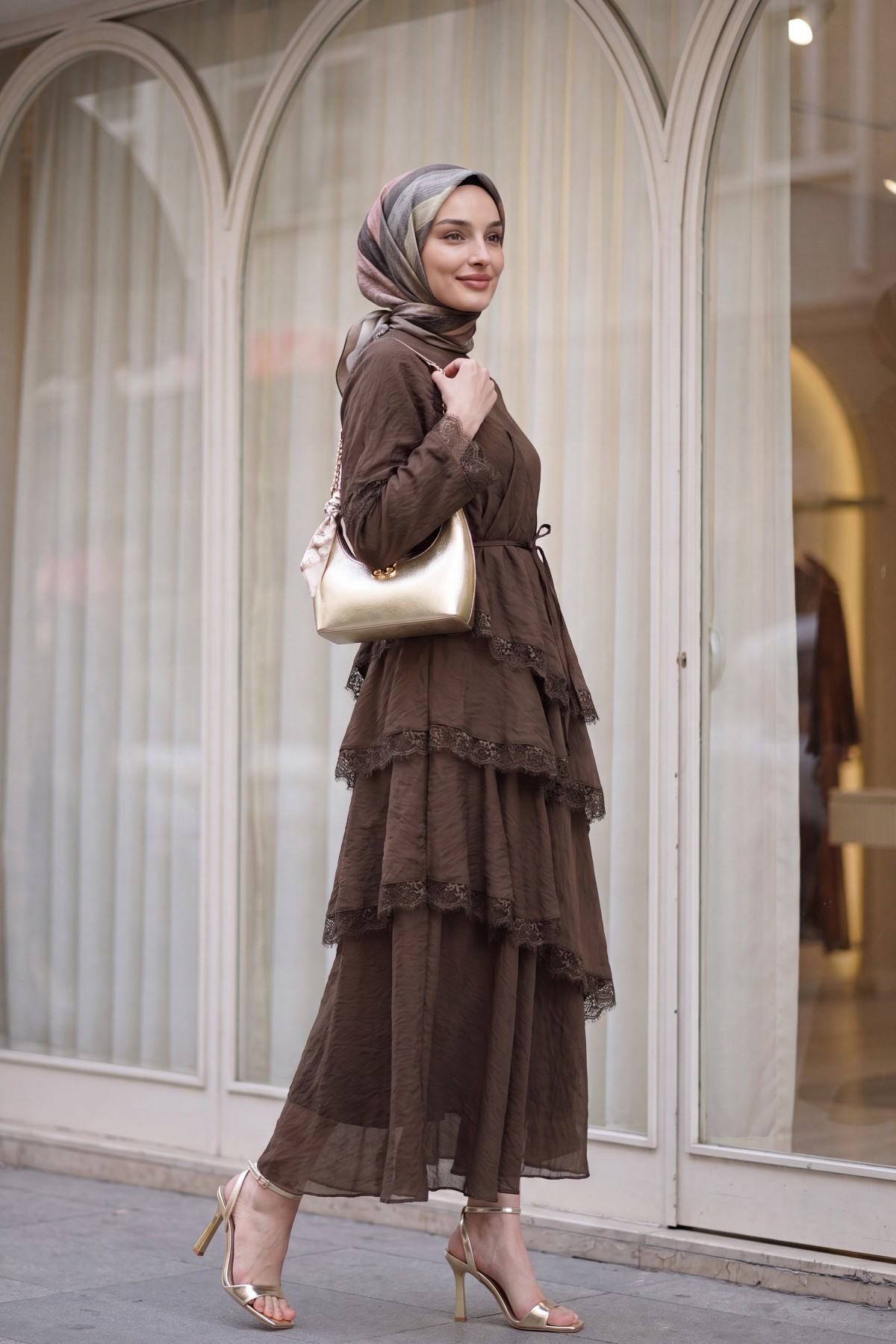 Lace-Detailed Layered Belted Lined Tulle Modal Dress -Brown