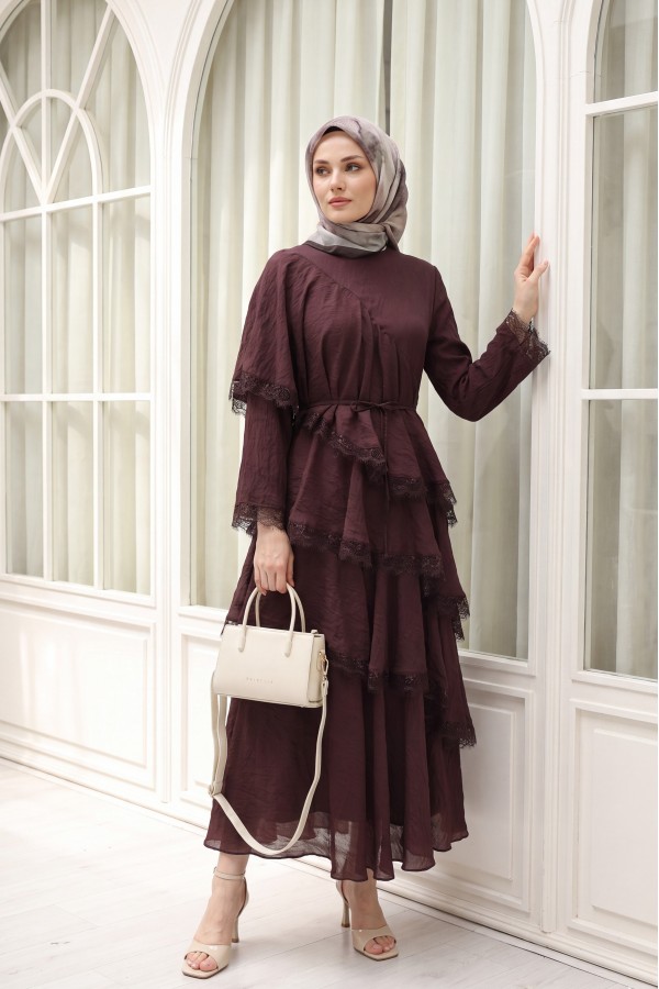 Lace-Detailed Layered Belted Lined Tulle Modal Dress -Damson