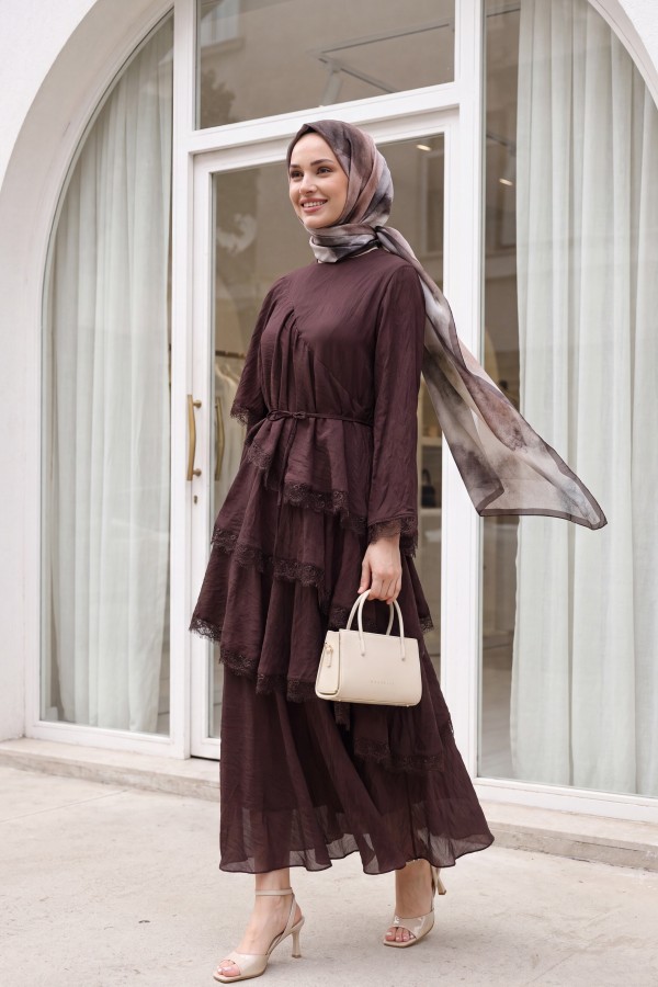 Lace-Detailed Layered Belted Lined Tulle Modal Dress -Damson