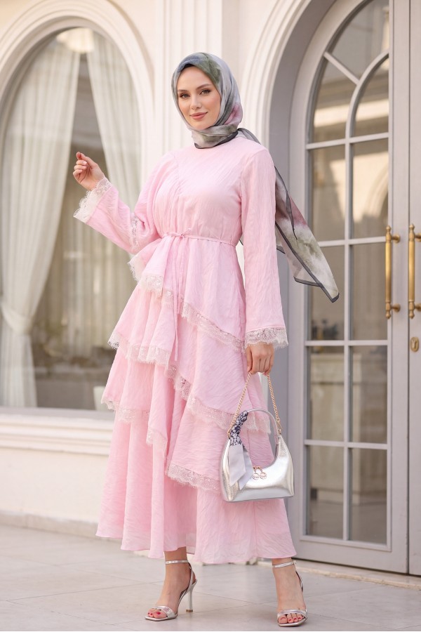 Lace-Detailed Layered Belted Lined Tulle Modal Dress -Pink