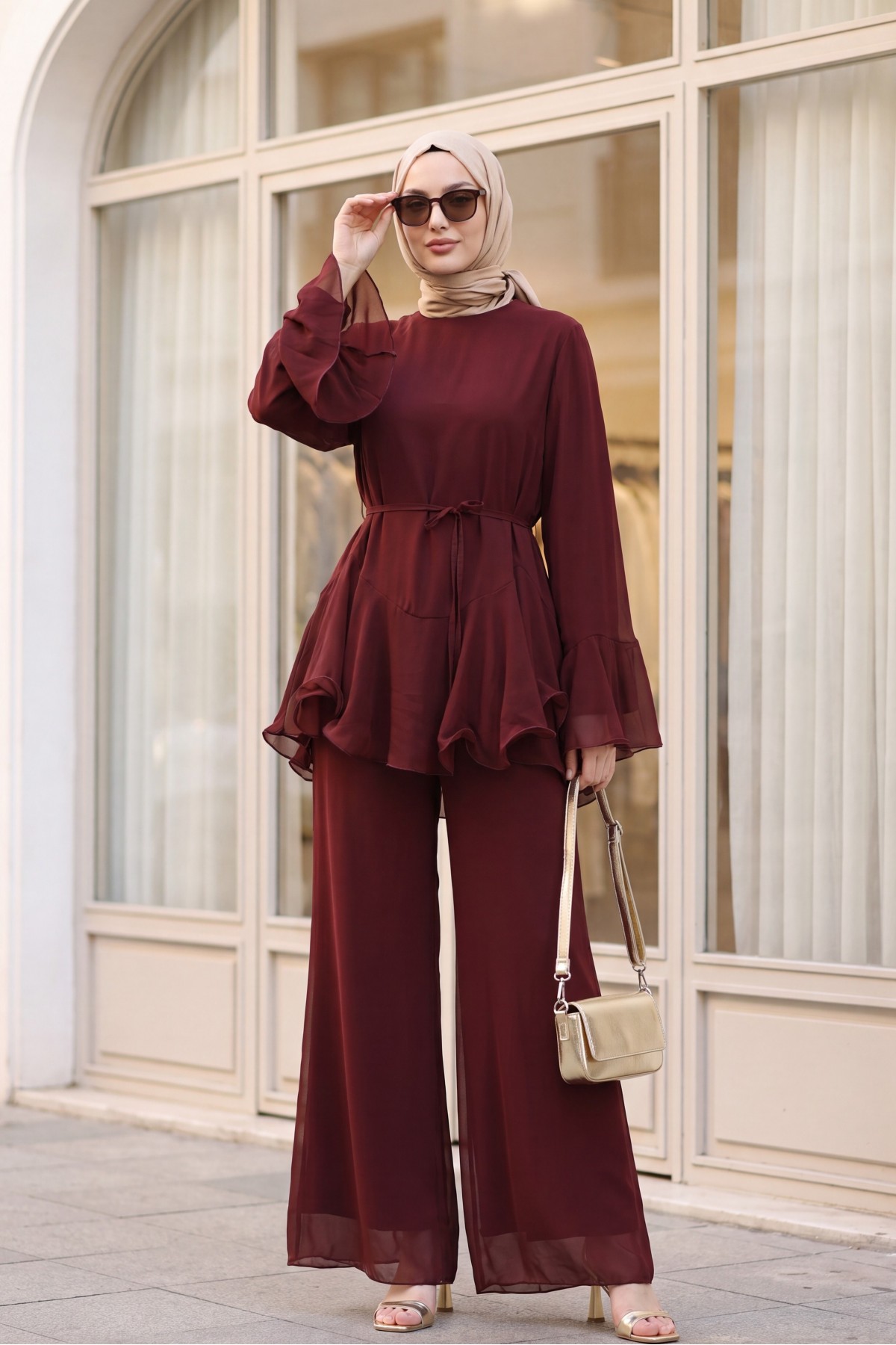 Chiffon Set with Lined Trousers, Ruffled Sleeves and Waist, and Belt -Maroon