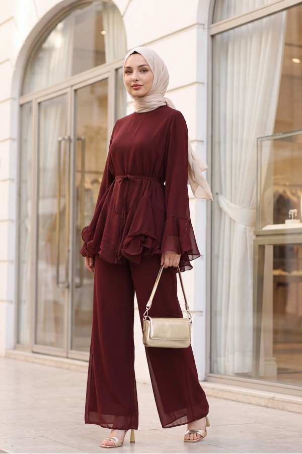 Chiffon Set with Lined Trousers, Ruffled Sleeves and Waist, and Belt -Maroon
