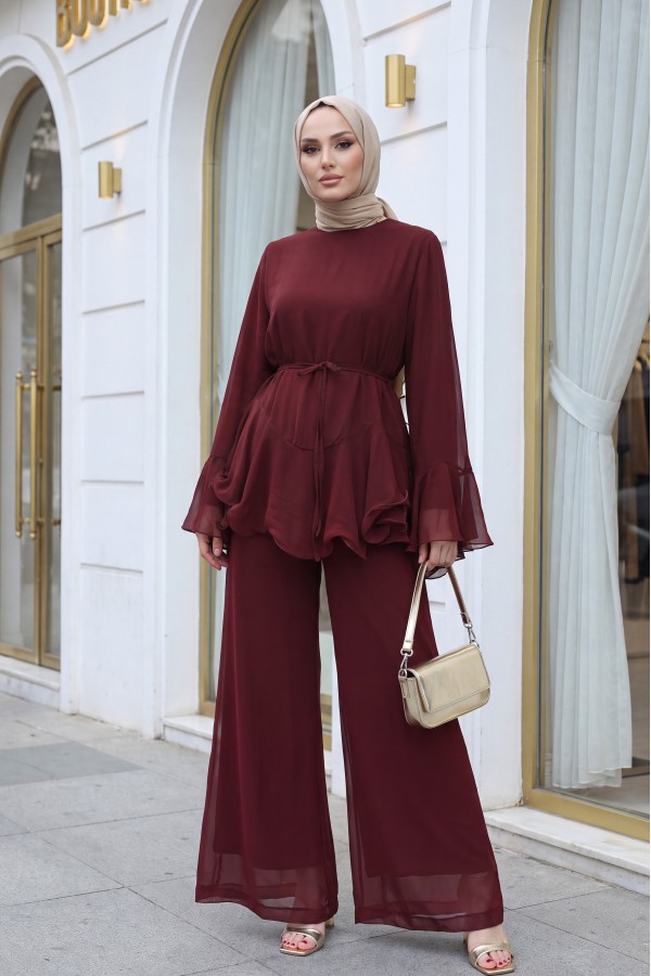 Chiffon Set with Lined Trousers, Ruffled Sleeves and Waist, and Belt -Maroon