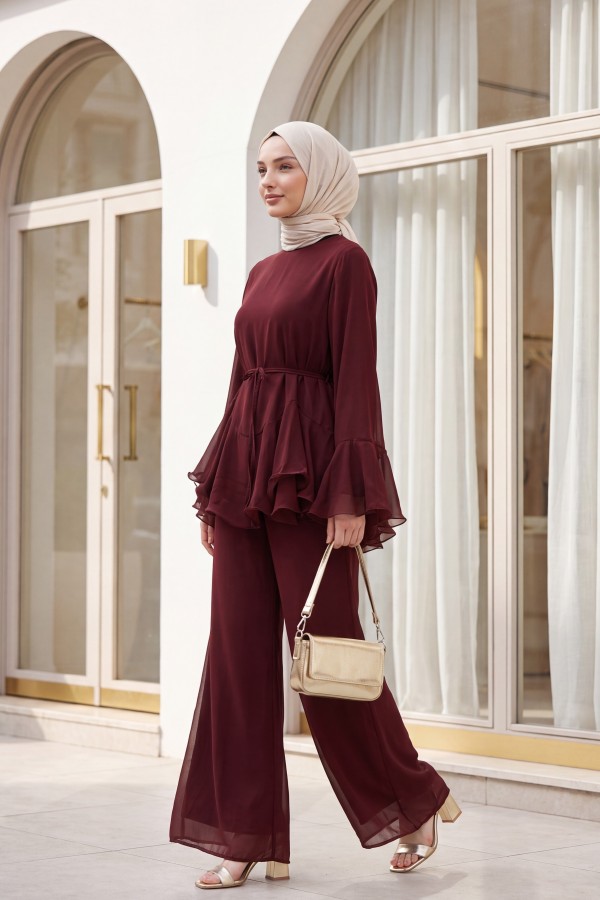 Chiffon Set with Lined Trousers, Ruffled Sleeves and Waist, and Belt -Maroon