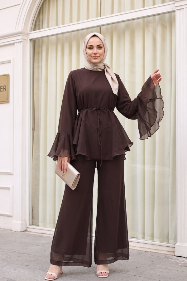 Chiffon Set with Lined Trousers, Ruffled Sleeves and Waist, and Belt -Dark Coffee