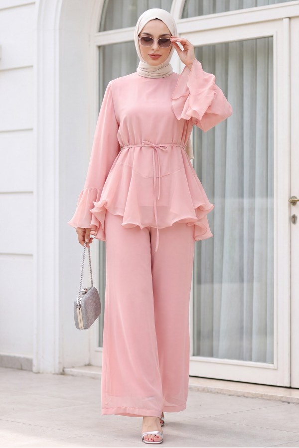 Chiffon Set with Lined Trousers, Ruffled Sleeves and Waist, and Belt -Powder