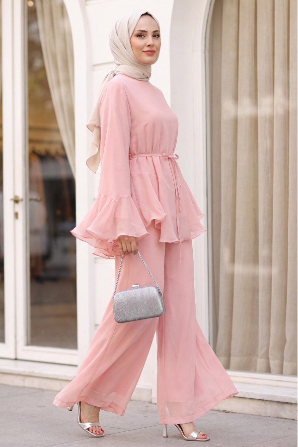 Chiffon Set with Lined Trousers, Ruffled Sleeves and Waist, and Belt -Powder
