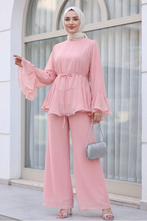 Chiffon Set with Lined Trousers, Ruffled Sleeves and Waist, and Belt -Powder