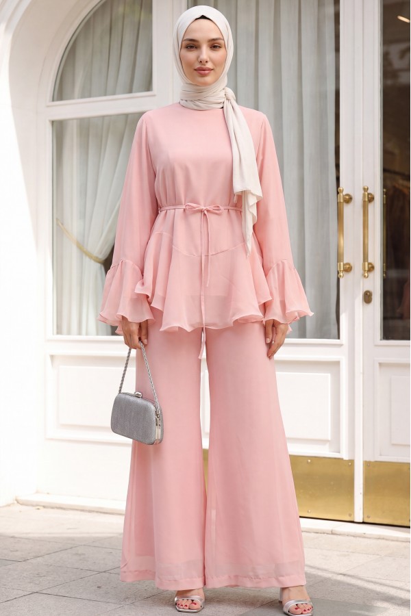 Chiffon Set with Lined Trousers, Ruffled Sleeves and Waist, and Belt -Powder