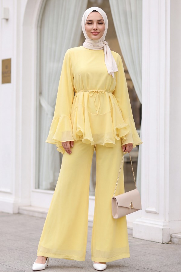Chiffon Set with Lined Trousers, Ruffled Sleeves and Waist, and Belt -Yellow