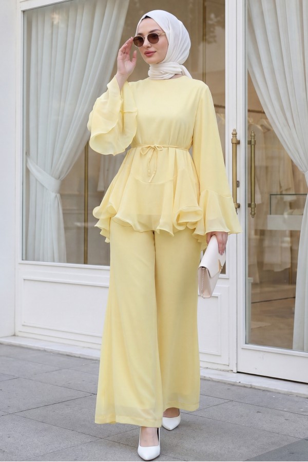 Chiffon Set with Lined Trousers, Ruffled Sleeves and Waist, and Belt -Yellow