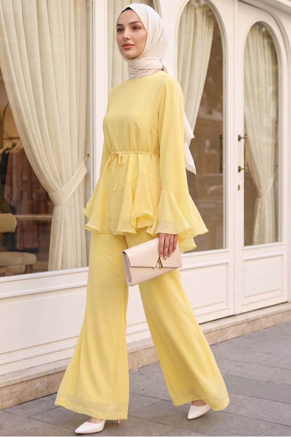 Chiffon Set with Lined Trousers, Ruffled Sleeves and Waist, and Belt -Yellow