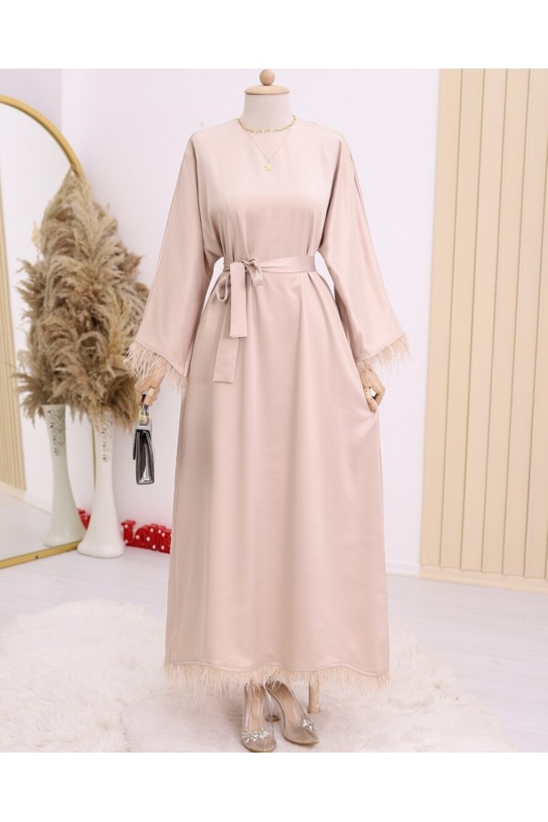 Round Neck Skirt and Sleeves Feathered Satin Dress - Beige