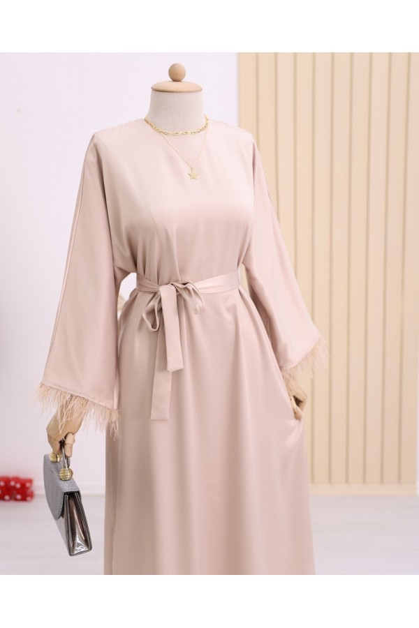 Round Neck Skirt and Sleeves Feathered Satin Dress - Beige