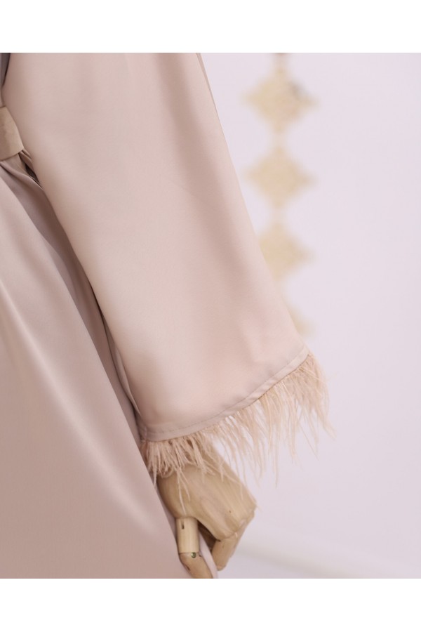 Round Neck Skirt and Sleeves Feathered Satin Dress - Beige